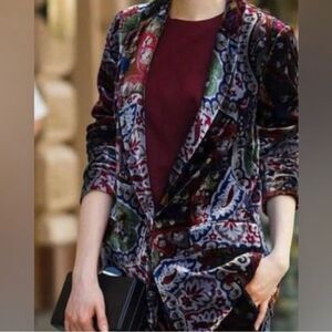 ZARA Blazer Velvet Printed Paisley Silk Jacket Size S • RARE • BLOGGER FAVORITE